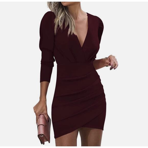 Sarin Mathews Deep V Neck Ruched Long Sleeve Mini Dress Burgandy NWT Size M - Picture 1 of 8